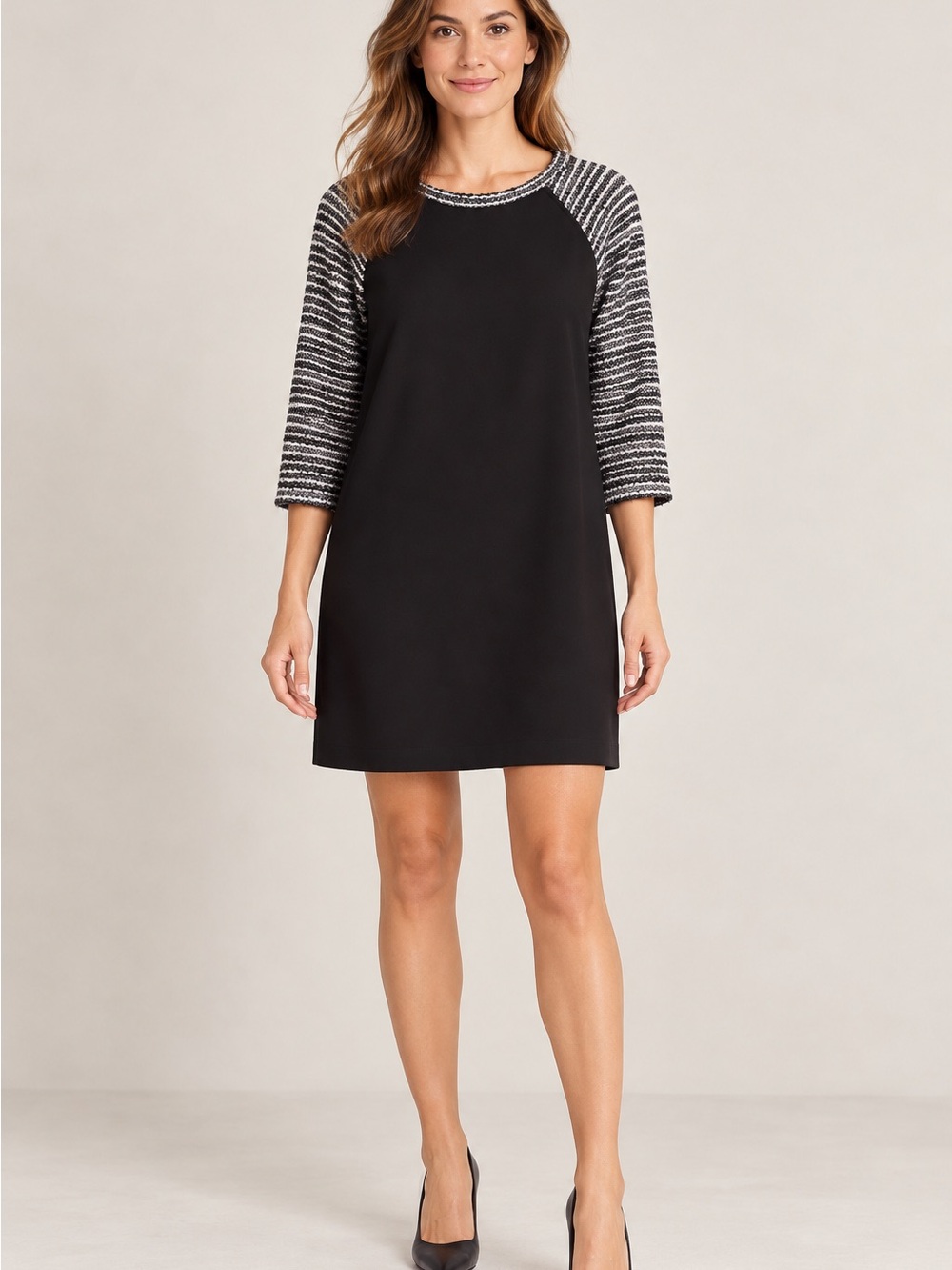 Black Shift Dress with Striped Raglan Sleeves